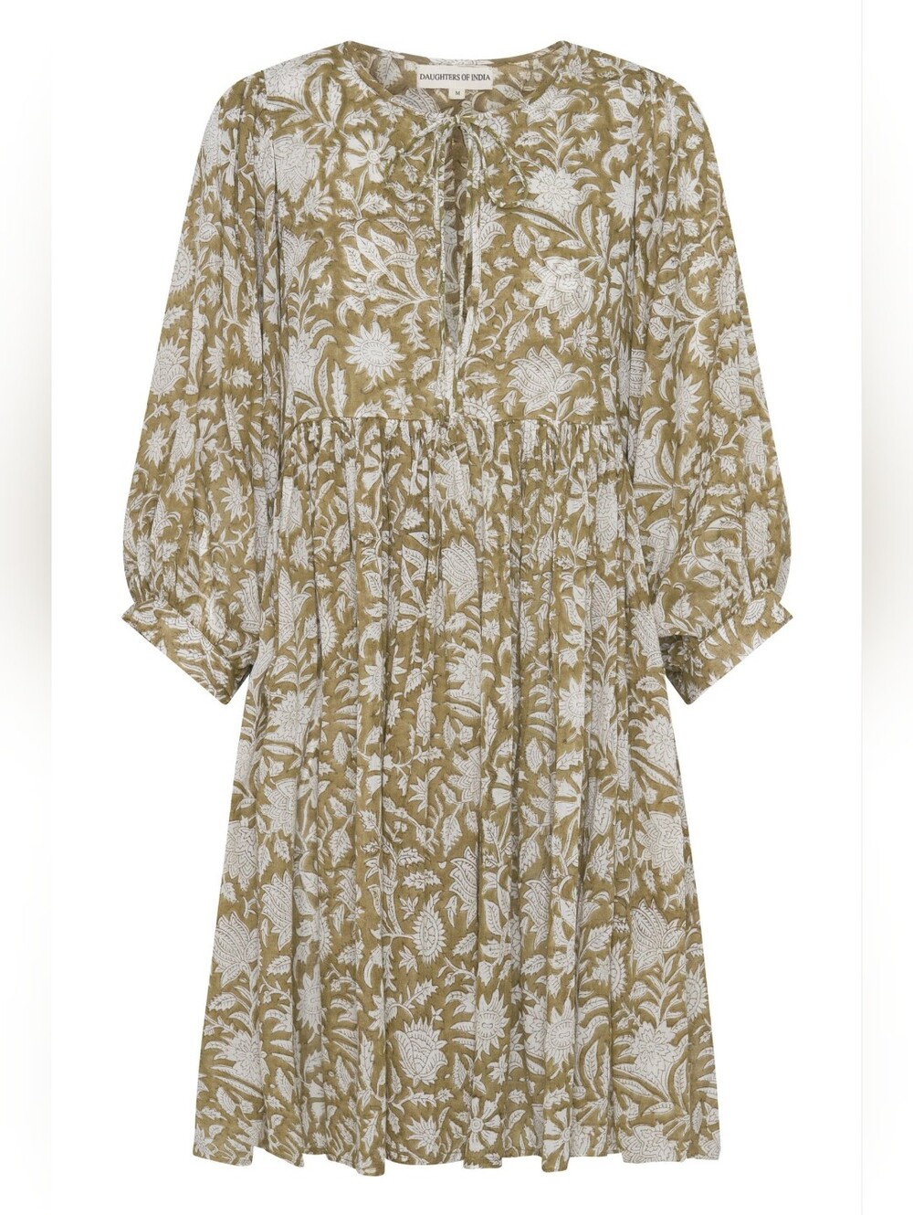 Daughters of India Kyra Mini Olive Floral Tiered Tie-Neck Dress